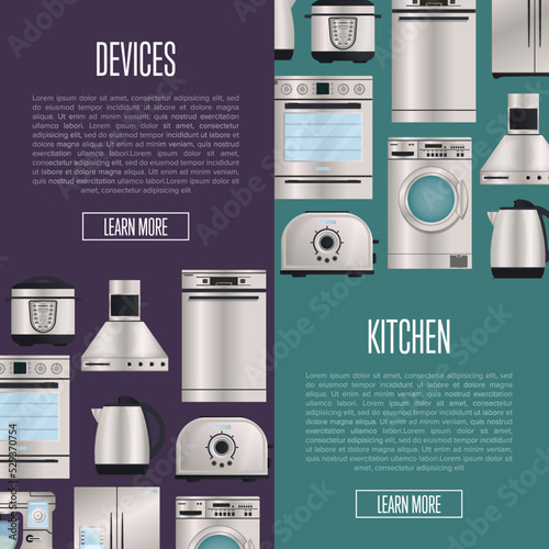 Kitchen automatic household devices posters. Electronic houseware technics shopping. Refrigerator, washing machine, toaster, electric kettle, air extractor, oven, multi cooker, kitchen mixer.