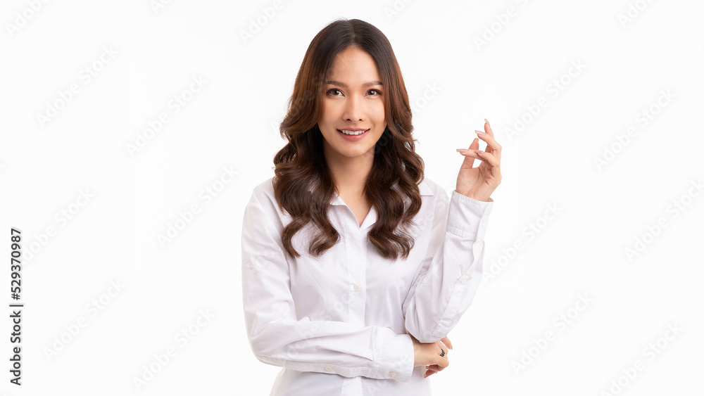 Asian woman smiling, beautiful brown long hair posing confident gesture isolated on white background. Asian woman smiling, beautiful brown long hair posing confident gesture isolated on white background.