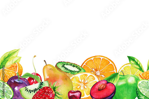 Watercolor garden fruits, seamless border, hand drawn