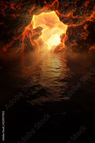 Fantastic volcano cave on the shore. 3d Illustration
