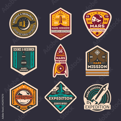 Mars mission retro isolated label set. Space expedition badge, scientific odyssey symbol, modern spacecraft flying, martian discovery vector illustration. Planet colonization vintage sign collection.