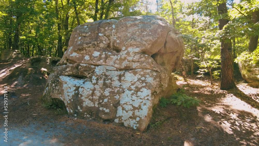 big mossy boulder with holes in the forrest Fontainebleau France. sun flare big mossy boulder with holes in the forrest Fontainebleau France. sun flare