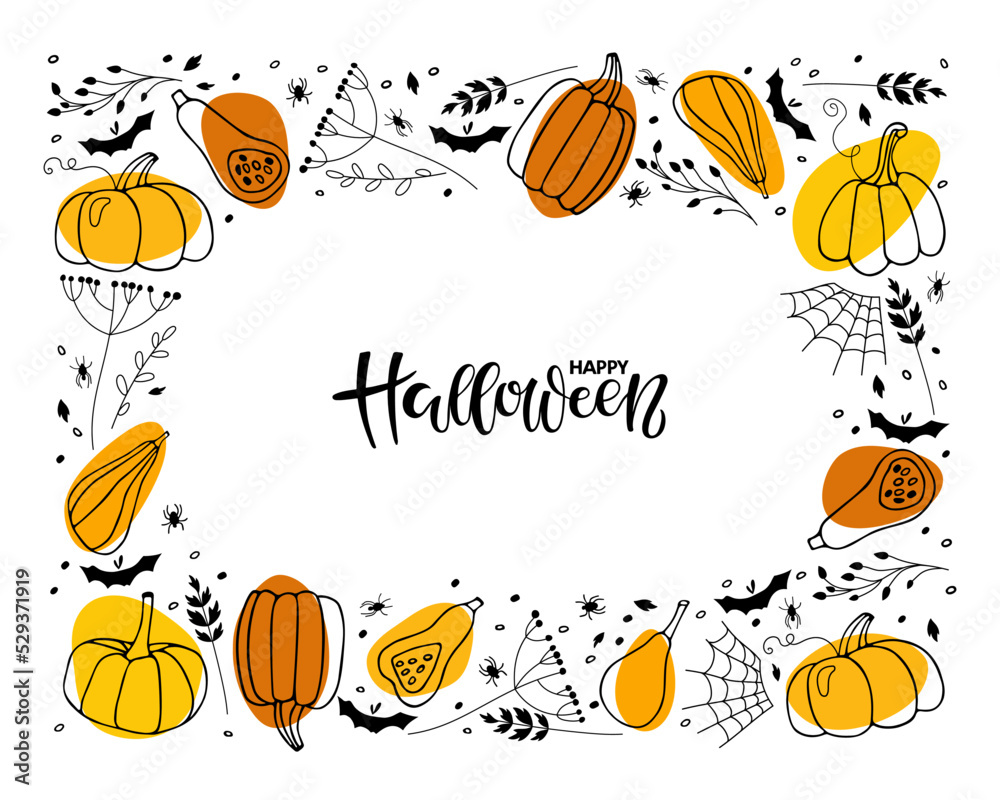 Happy Halloween lettering in halloween frame. Rectangular Border with orange Pumpkins, black dry plants, bat, spider, cobweb. Hand drawn autumn vector background. Halloween holidays sketch design.