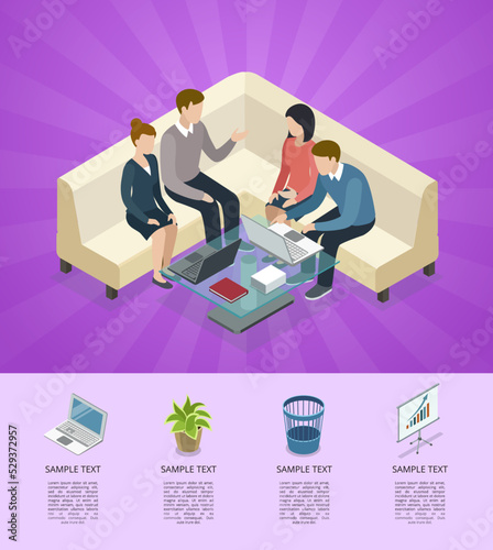 Business meeting with clients isometric 3D infographics. Teamwork and collaboration concept with business people on sofa. Office workspace, company professional occupation vector illustration.