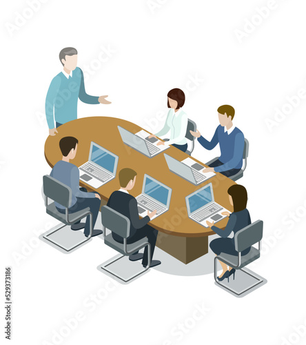 Company business meeting isometric 3D icon. Corporate office life, teamwork and idea generation conceptual vector illustration.