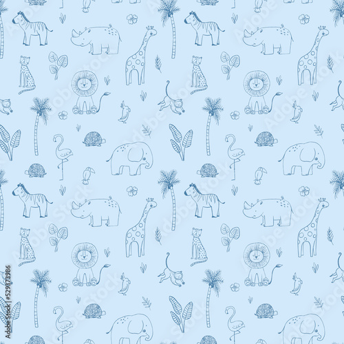 Photography Beautiful seamless baby pattern with cute hand drawn safari elephant lion giraffe toucan zebra monkey flamingo rhino parrot snake jaguar animals