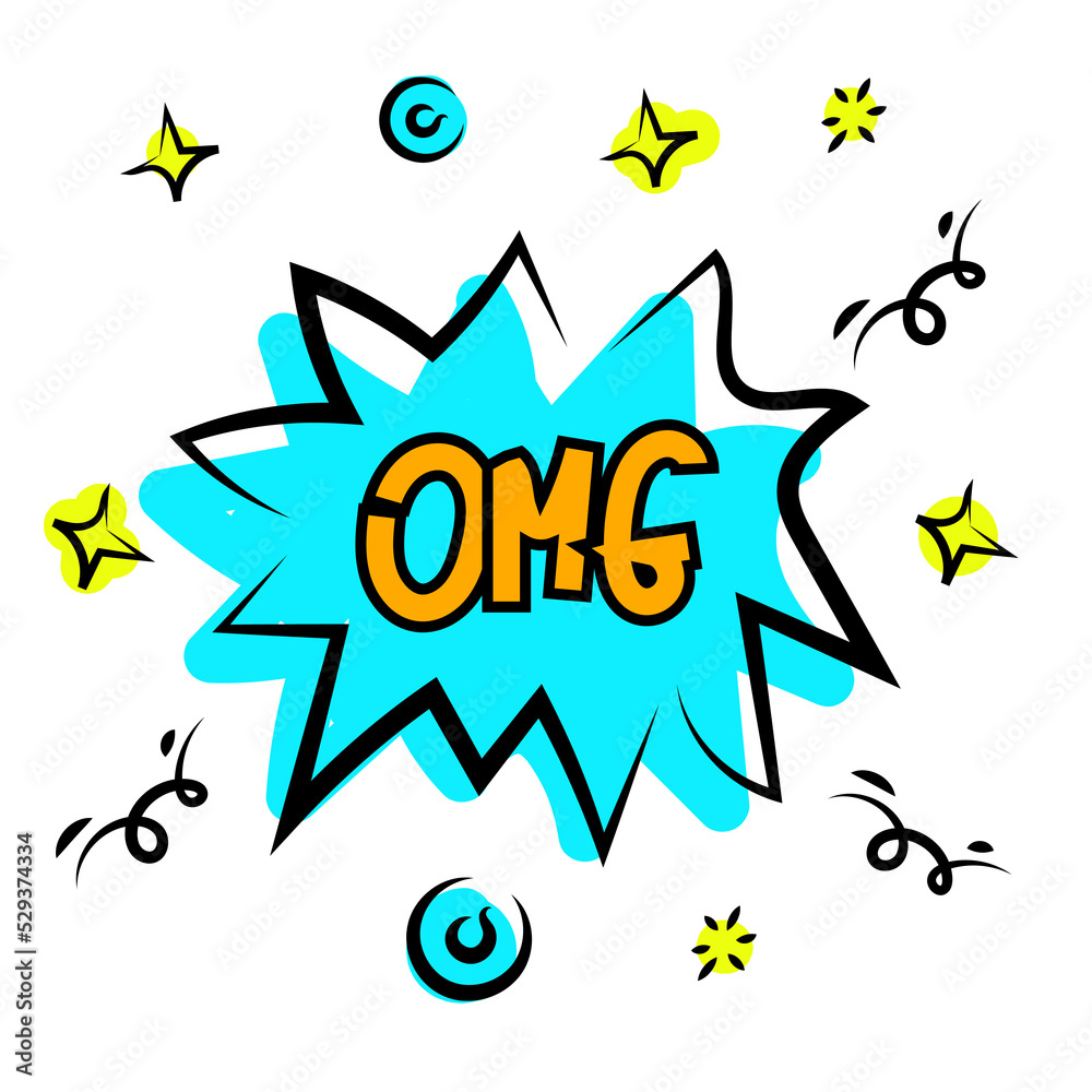Cartoon comic cloud speech bubble with OMG text. Doodle sketch style. Explosion cloud icon. Cartoon comic cloud speech bubble with OMG text. Doodle sketch style. Explosion cloud icon.