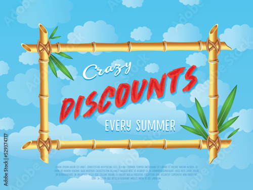 Crazy discounts sale poster in cartoon style. Summer proposition in bamboo frame on background of blue sky. Best offer advertisement for retail, seasonal shopping promotion vector illustration.