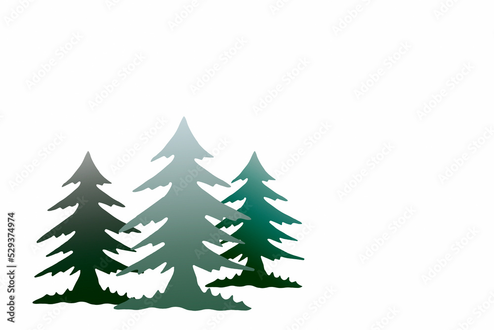 three green fir trees on a white background