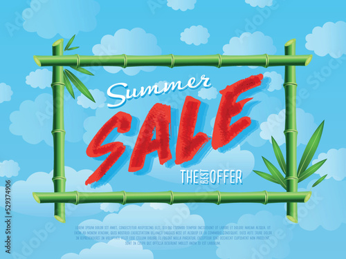 Summer sale poster for retail network. Discount proposition in bamboo frame on background of blue sky. Best offer advertisement, sale marketing, seasonal shopping promotion vector illustration.