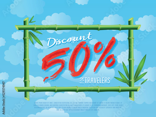 Discount 50% off for travelers poster. Best offer advertisement for retail, seasonal shopping, sale promotion vector illustration. Summer proposition in bamboo frame on background of blue sky.