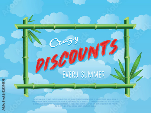 Crazy discounts every summer poster. Best offer advertisement for retail, seasonal shopping, sale promotion vector illustration. Summer proposition in bamboo frame on background of blue sky.