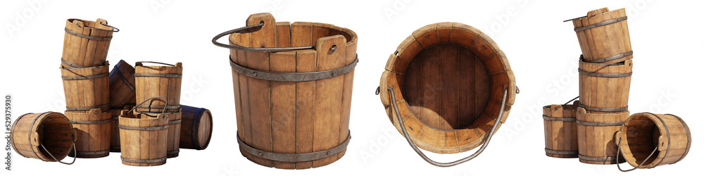 wooden buckets, collection of beautiful retro containers, isolated