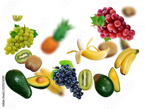 Fototapeta Naklejka Na Ścianę i Meble -  Avokado, grape, kiwi, banan, ananas levitate on a white background, healthy diet. Fresh fruits and vegetables.