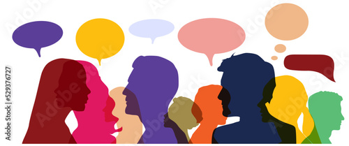 Man and woman head silhouettes with colorful speech bubbles