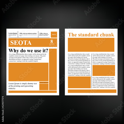 Newspaper design template with red headline, images and charts, articles and financial information, advertising vector illustration