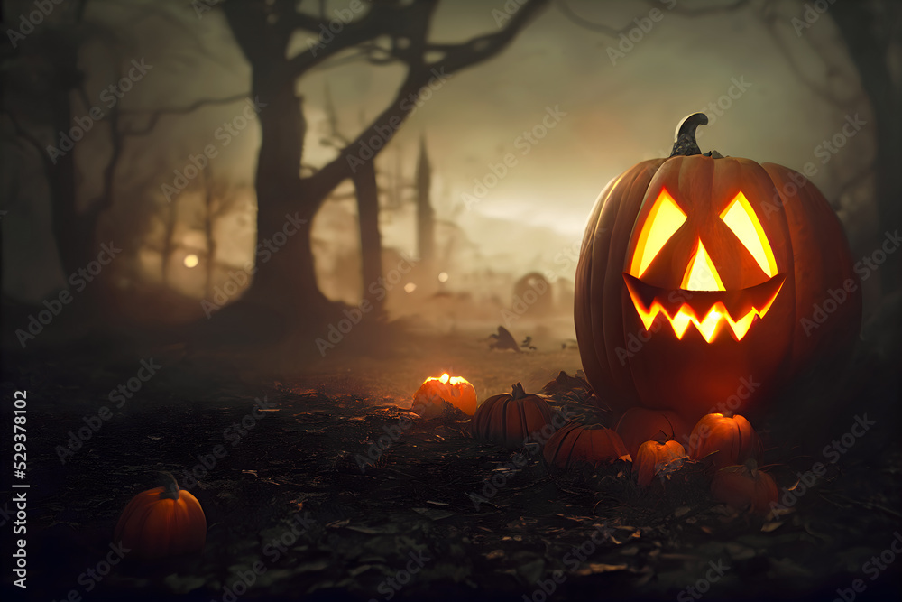 A nasty pumpkin head grins from a haunted forest A nasty pumpkin head grins from a haunted forest