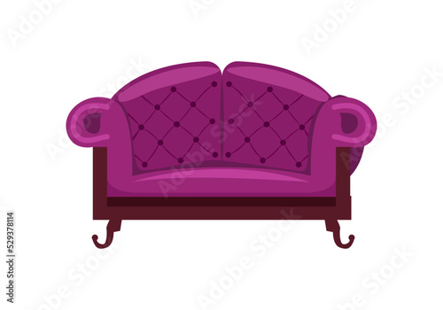 Purple sofa isolated vector icon. Classic couch label, home furniture element vector illustration
