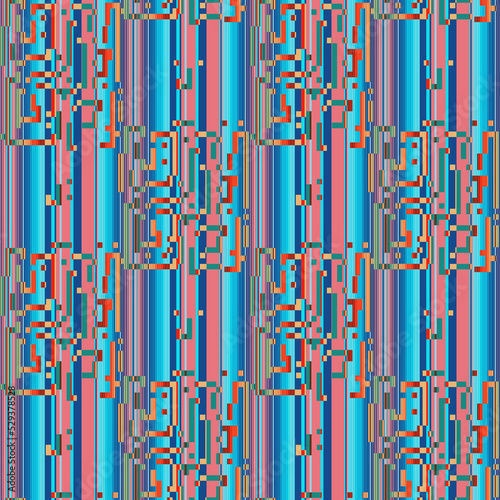 Stripes and abstract pixels qr code seamless pattern. Serape background. Mexican rug ornament, tetris chaotic elements