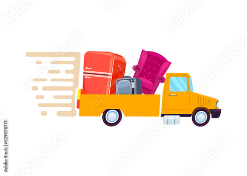 Relocation freight truck with furniture icon. Commercial shipping, transportation company badge with cargo truck, relocation service vector illustration.