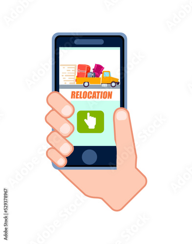 Relocation service online ordering icon. Commercial shipping advertising, transportation company element with phone in human hand vector illustration.
