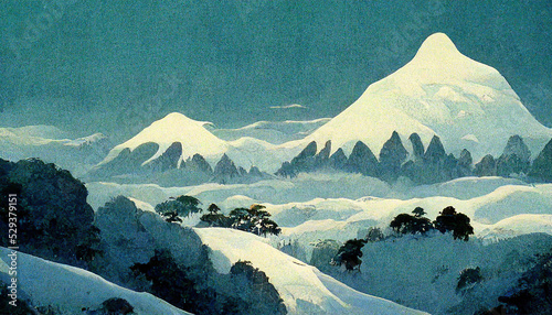 Montagnes enneigées dans le style Miyazaki © Neon Glow
