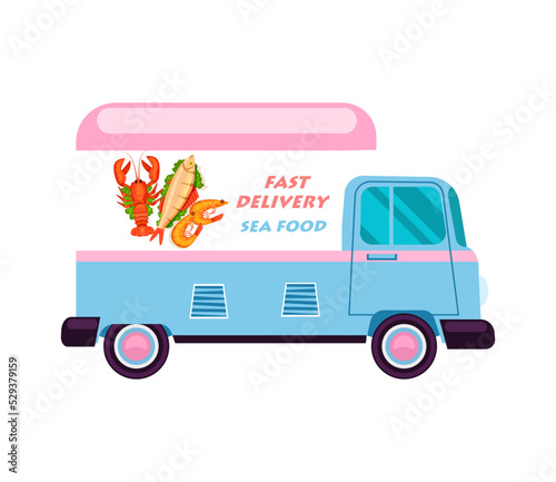 Sea food delivery van icon. Order food on home, product shipping advertising vector illustration. Restaurant food express delivery service.
