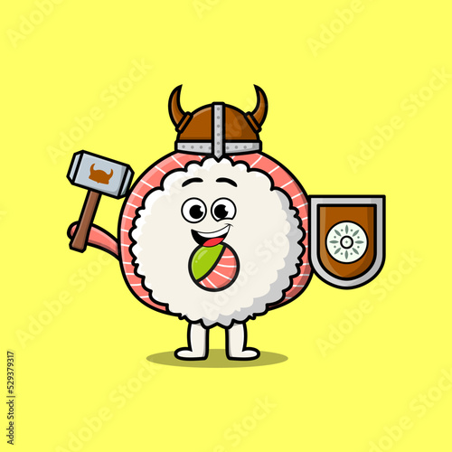 Cute cartoon character Rice sushi rolls sashimi viking pirate with hat and holding hammer and shield