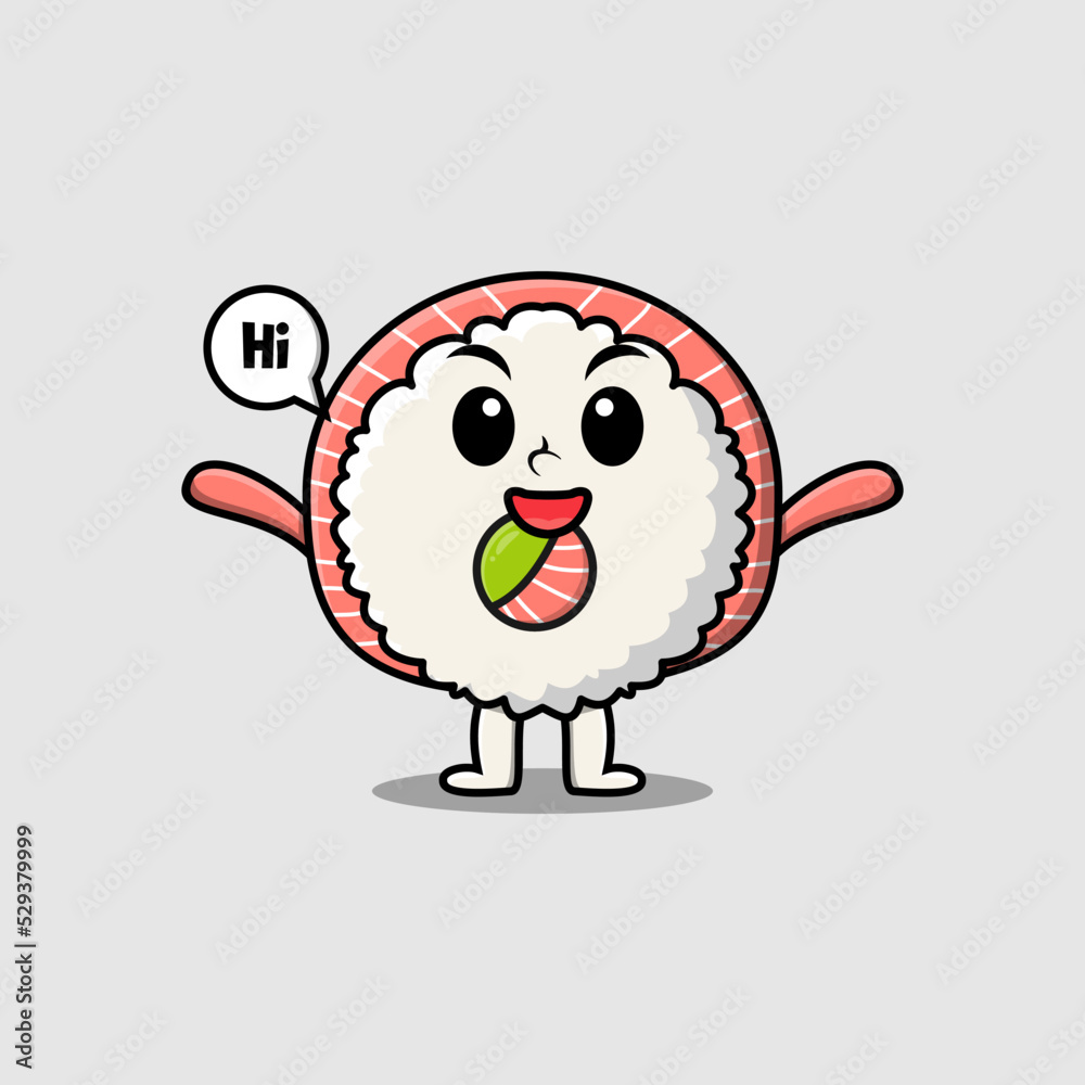 Cute cartoon rice sushi rolls sashimi character with happy expression in modern style design 
