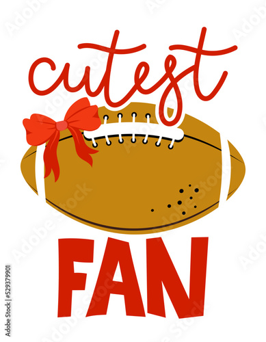 Cutest fan - baby boy football outfit. Cute hand drawn nursery football badge with handwritten lettering. Good for toddler clothes, sports team fun uniforms.