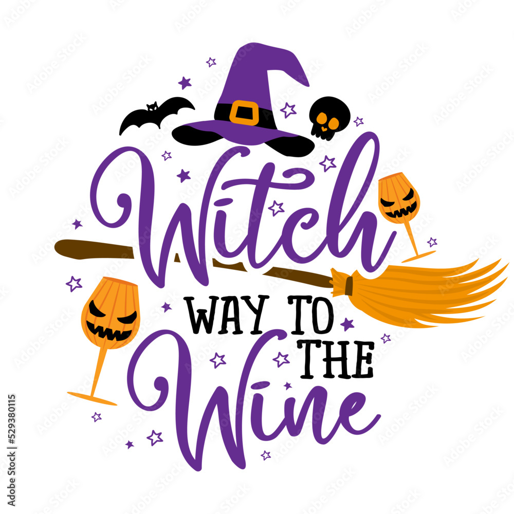 Witch way to the Wine - Phrase for Halloween Cheers. Hand drawn lettering for Halloween greeting card, invitation. Good for t-shirt, mug, gift, printing. Holiday quotes. Pumpkin patch