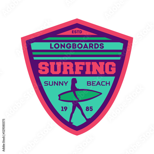 Longboard surfing camp vintage isolated label. Windsurfing society badge, sport center sign, summer beach activity vector illustration.