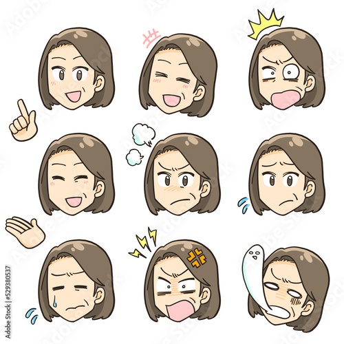 女性　シニア　表情　ミニキャラ　かわいい　イラスト