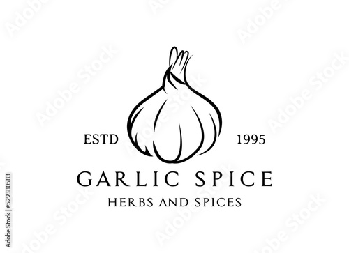 Packaging design template logo and emblem - herb and spice - garlic head. Logo in trendy linear style