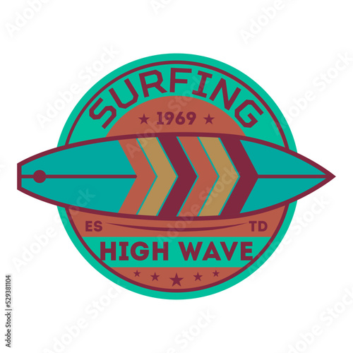 Extreme high wave surfing vintage isolated label. Windsurfing society badge, sport center sign, sea activity vector illustration.