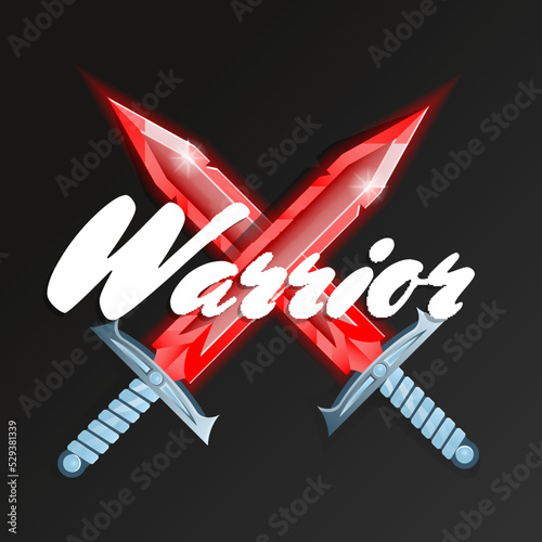 Warrior fight opposition game element with crossed swords. Cartoon medieval weapon for computer game design. Confrontation versus sign, fantasy and epic broadsword vector illustration.