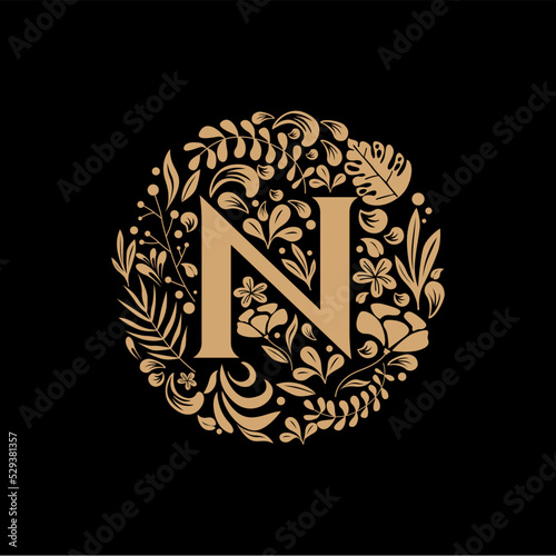 Elegant Luxury Letter N Circle Floral Flowers