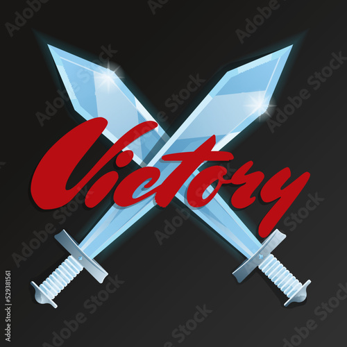 Victory game element with crossed swords. Cartoon medieval weapon for computer game design. Confrontation versus sign, fight opposition concept, fantasy battle competition vector illustration.