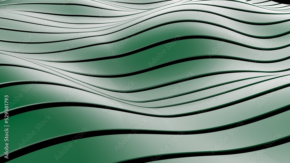Fototapeta premium Deep Green Mathematical Geometric Abstract Band Ribbon Wave under Black Background. Concept 3D CG of technological innovations, strategies and revolutions.