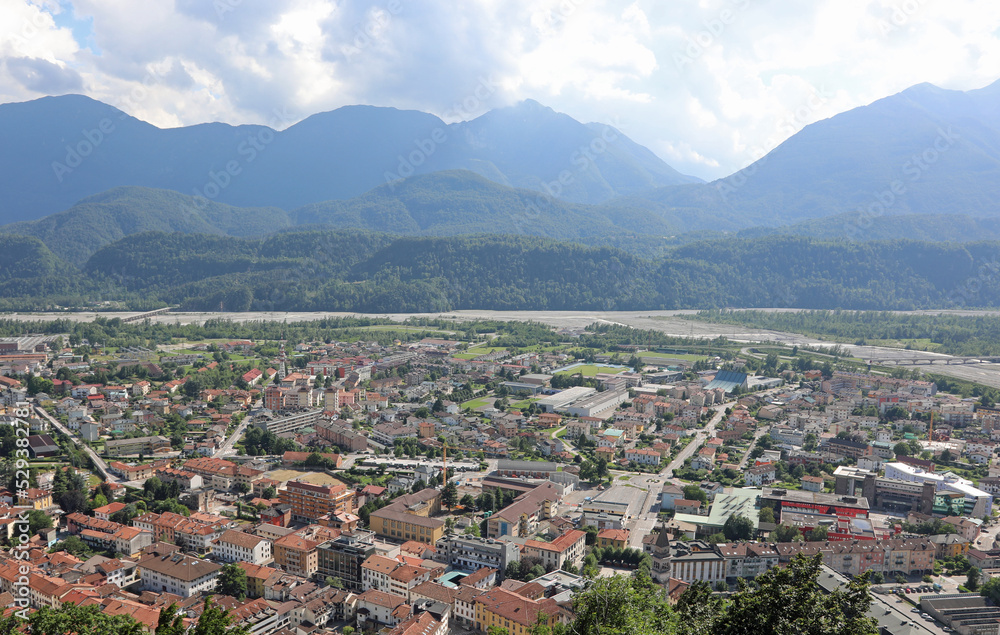 top view of the bridge over the river BUT of the city of TOLMEZZO in the province of Udine Italy