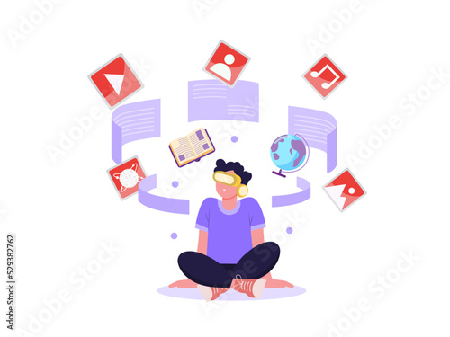 Flat illustration. Vr goggles concept. Work in the future. World meta verse. Virtual reality simulation. a digital world new technology