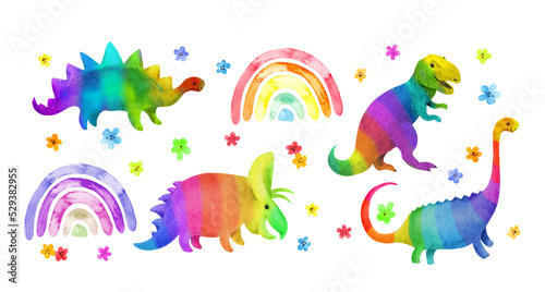 Rainbow dinosaurs set with flowers and rainbows. Bright dino for kids design. Watercolor childish colorful collection  funny bundle