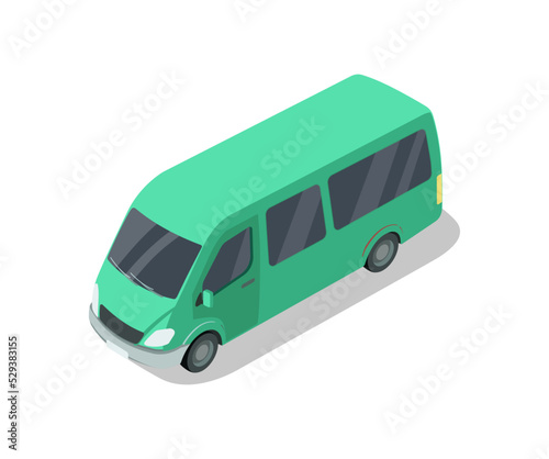 Shuttle van isolated isometric 3D icon. City public transport, town vehicle, urban and countryside traffic vector illustration.