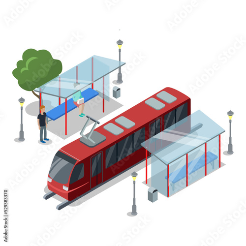 Tramway stop isometric 3D icon. City public transport, modern town waiting station, urban and countryside traffic concept with vehicle vector illustration.