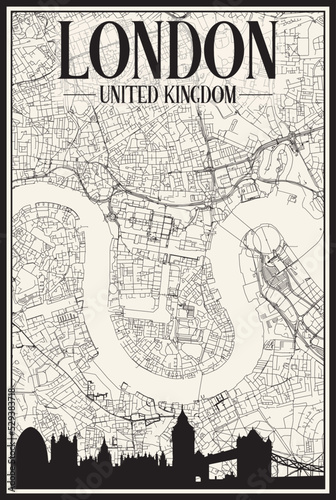Black printout streets network map with city skyline of the downtown LONDON, UNITED KINGDOM on a white framed background