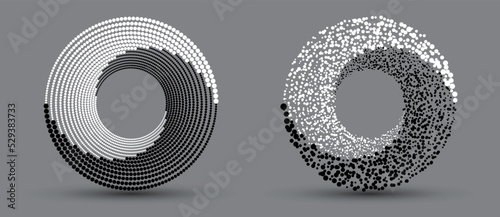 Circle with halftone black and white dots as advertising background or logo or icon. Design spiral dots backdrop with order and chaos. Vector-art illustration. Yin and Yang endless symbol.