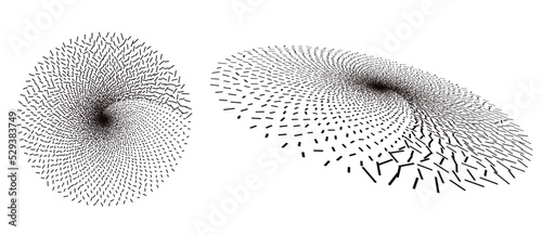 Normal and perspective view to abstract circle with chaotic particles. Spiral illustration on white background.