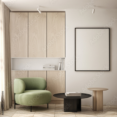 mock up poster frame in modern interior background, living room, Scandinavian style, 3D render, 3D illustration © mtlapcevic
