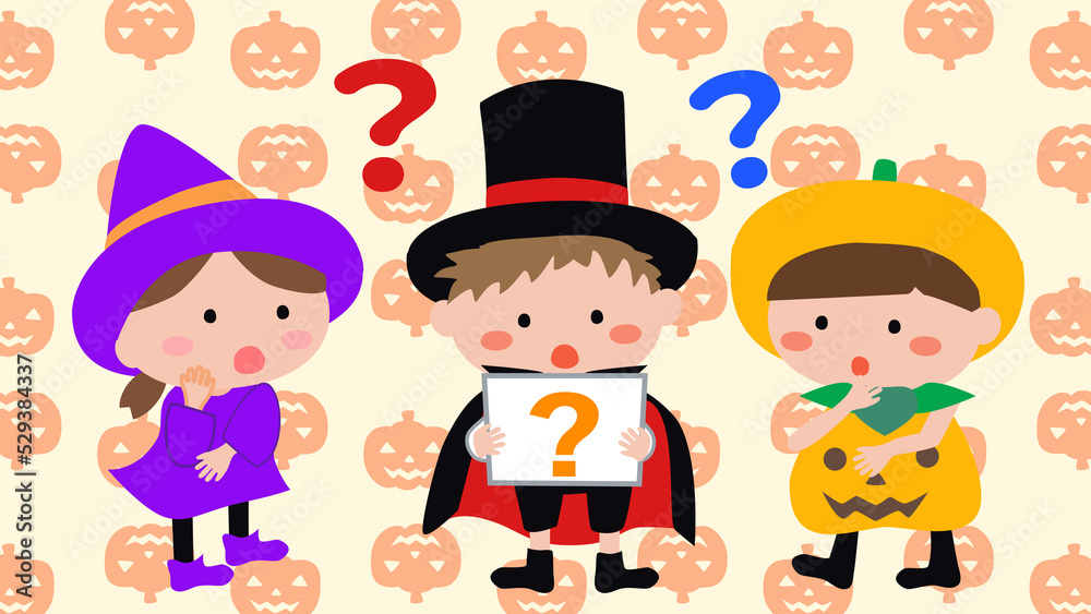 ハロウィンに謎解きする3人の子供たちのイラスト ハロウィンに謎解きする3人の子供たちのイラスト