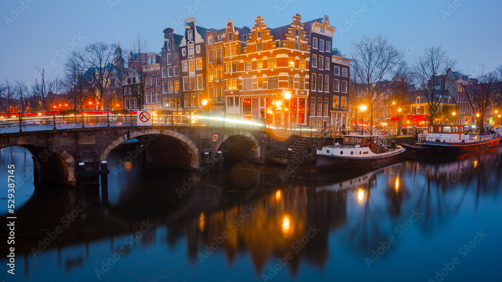 Lekkeresluis Brug , Beautiful bridge in Amsterdam during autumn , winter after sunset : Amsterdam , Netherlands : November 26 , 2019